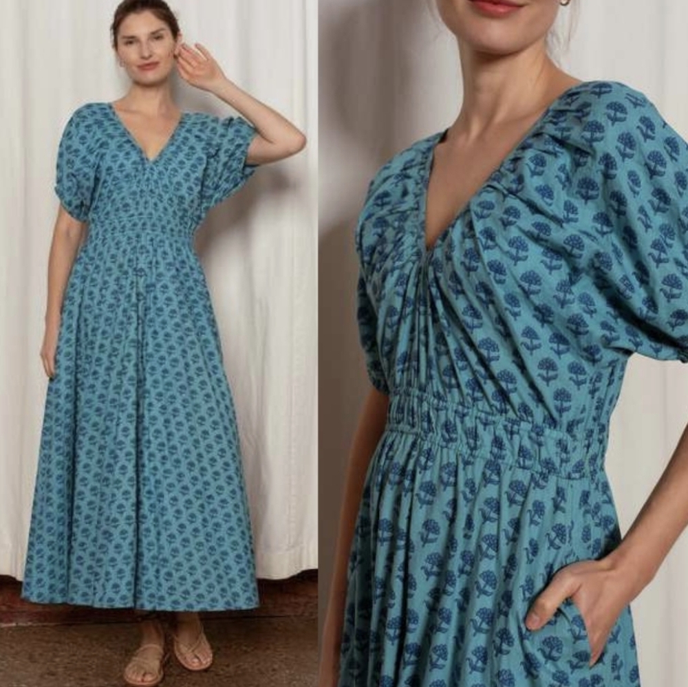 Ophelia & Indigo Lucy V-neck Puff Sleeve Midi Dress